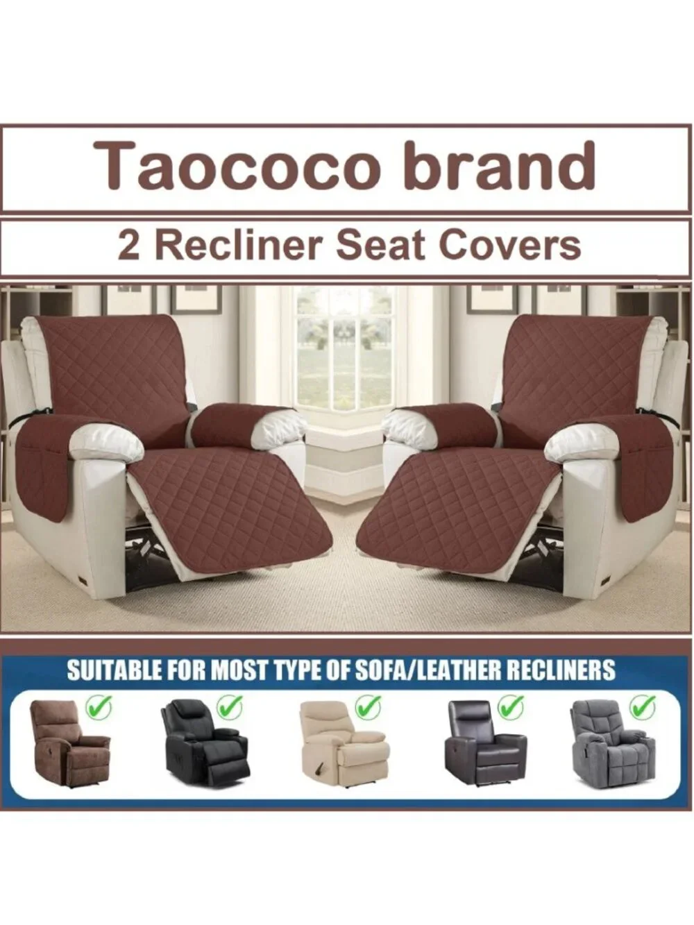 2 brand new in pkg TAOCOCO Waterproof Recliner Chair Covers in Brown color